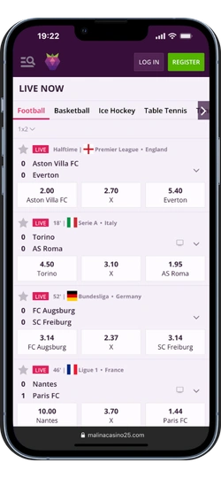 Live sports betting in Malina Casino app showing football matches with odds for Aston Villa, Torino, and other teams
