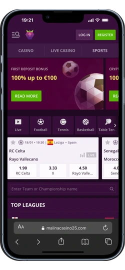  Malina Casino app main page with first deposit bonus 100% and sports betting categories